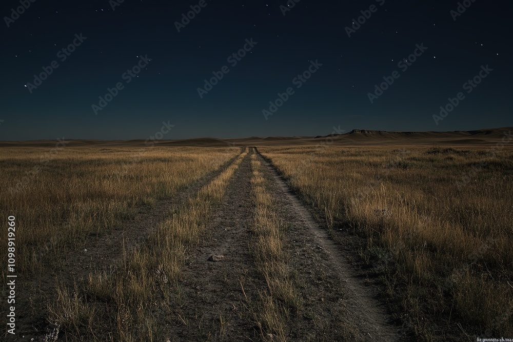 Fototapeta premium Nighttime dirt road stretches into the horizon under a starry sky in an open plains landscape