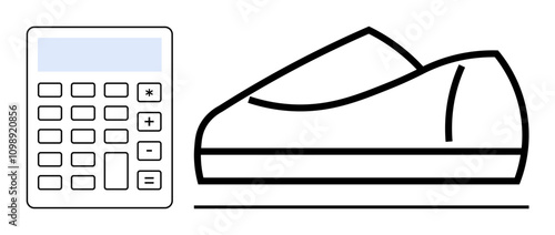 Sneaker silhouette next to a calculator, representing the financial aspects of the footwear industry. Ideal for retail accounting, budgeting, pricing strategies, e-commerce finance, business