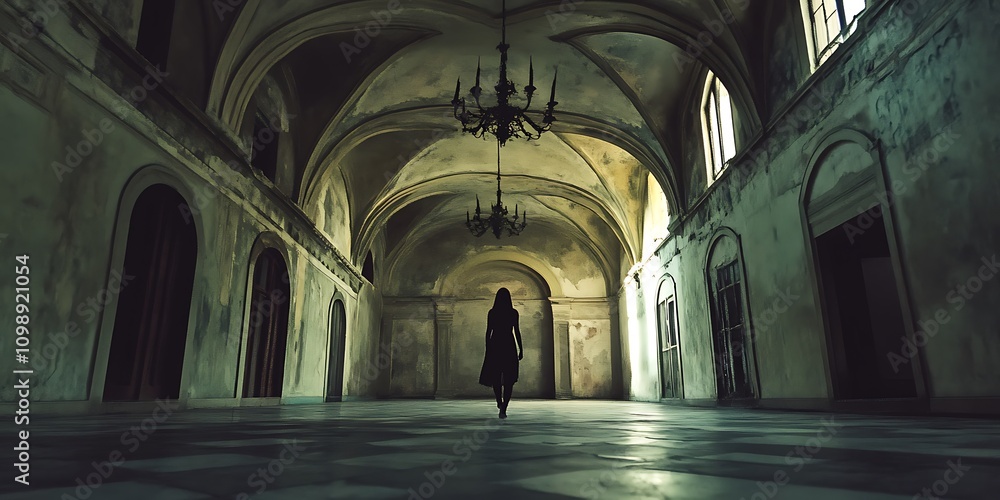 Naklejka premium Mysterious Woman in Abandoned Hallway
