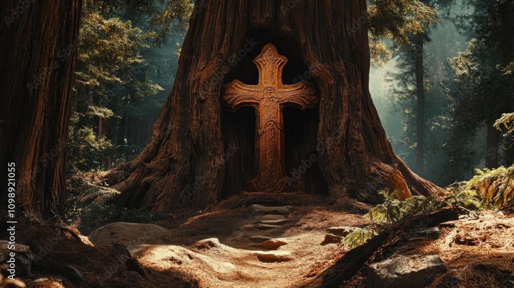 Obraz premium Majestic Redwood Tree with Intricate Cross Carving Surrounded by Lush Forest, Symbolizing Harmony Between Nature and Spiritual Significance