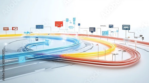 Vibrant fiber optic communication network with glowing light trails connecting telecommunication hubs against a clean white background  Digital data transfer photo