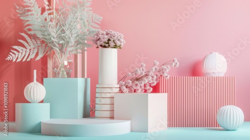 Wallpaper Mural Pastel pink and teal decorative floral arrangement Torontodigital.ca