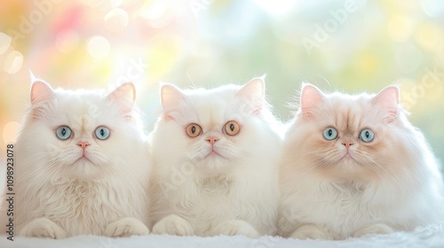 Persian cats with striking blue and amber eyes sitting side by side on a soft surface, framed by a softly blurred colorful background.