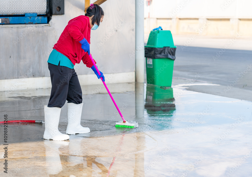 Obraz premium Woman clean floor with mop in factory.