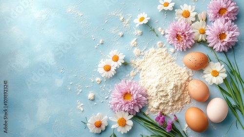 Gathered flour and eggs on a blue kitchen surface adorned with spring flowers, perfect for creating dough for pasta, pizza, cookies, and pies.