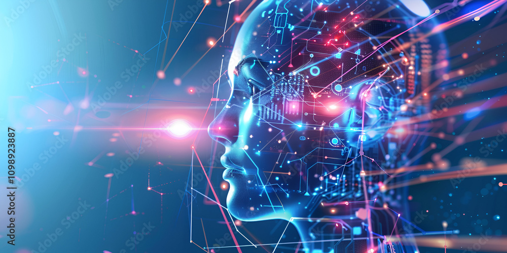 Obraz premium High-Tech Artificial Intelligence Head with Digital Lines, Advanced Cyber AI Interface for Data Processing