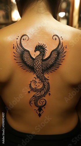 Intricate Phoenix Tattoo On A Womans Back photo