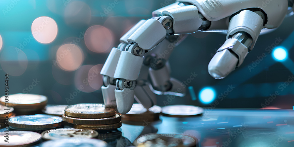 Obraz premium Robotic Hand with Coins, AI Technology in Financial Transactions and Automation