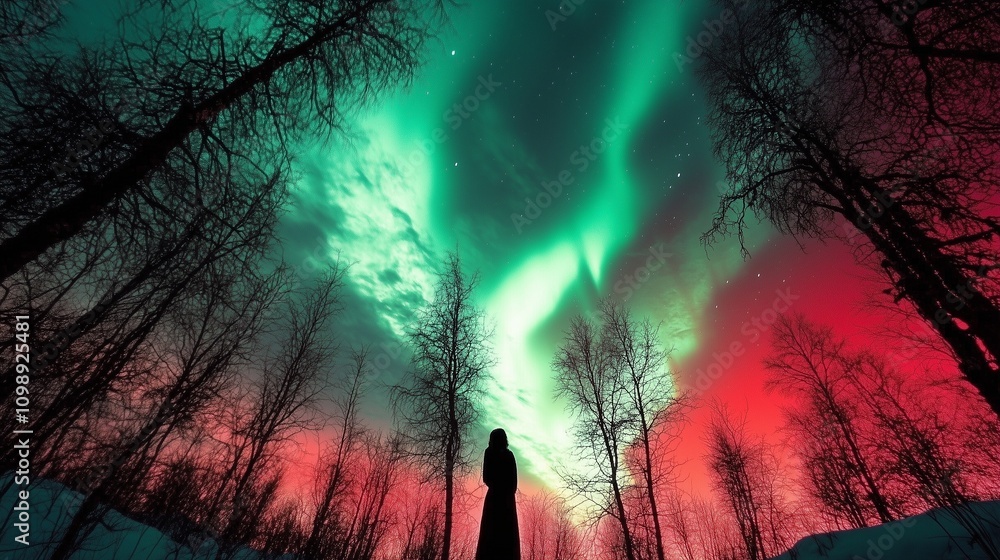 Fototapeta premium aurora borealis northern lights sky with trees wallpaper