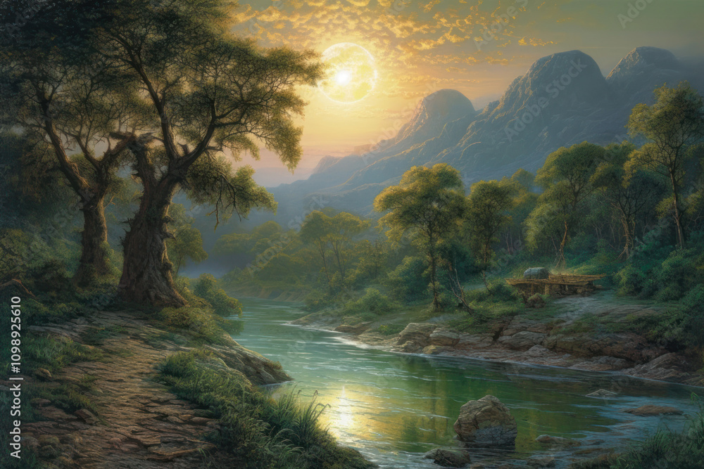 Fototapeta premium picturesque landscape made in the style of romanticism. In the center of the scene is a river flowing among green hills and trees. 
