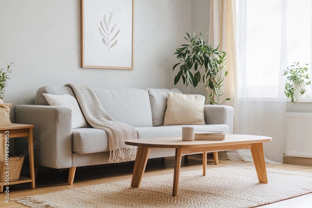 Fototapeta premium Cozy modern living room with natural light and minimalist decor featuring a comfortable sofa and plants