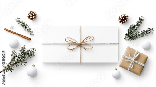 Snowy Christmas Bow Watercolor with Pine Branch and Snow Accents on Crisp White Background  Festive Holiday Concept for 2023 New Year photo