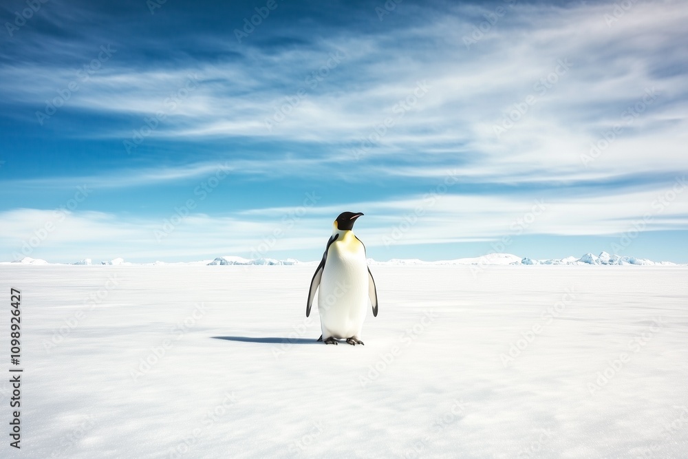 Obraz premium emperor penguin in artic with blue sky, iceberg and ice, antarctica