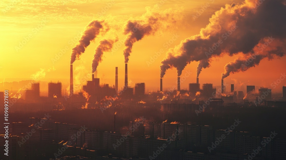 Obraz premium Industrial skyline emitting smoke against a vibrant sunset, illustrating the impact of greenhouse gases on climate change and planetary warming.