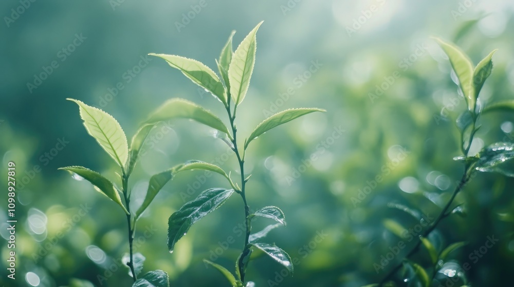Fototapeta premium Fresh green tea leaves glistening with dew in a tranquil spring landscape at a tea farm, embodying the essence of seasonal traditions and tea culture.