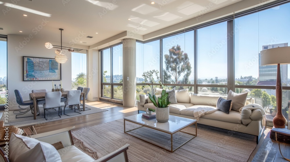 Naklejka premium Living room with floor-to-ceiling windows, capturing a panoramic view and natural light