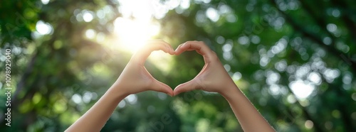 Hands Forming Heart Shape in Sunlit Green Forest Background Promoting Love for Nature and Environmental Awareness photo