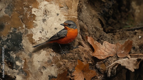 Male common redstart perched on a textured bark, showcasing its vibrant orange chest and contrasting grey head with autumn leaves scattered around. photo