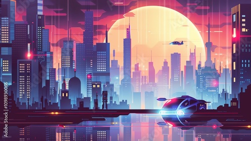 Wallpaper Mural A futuristic city skyline with tall buildings, flying cars, and a glowing sunset in the background. Torontodigital.ca