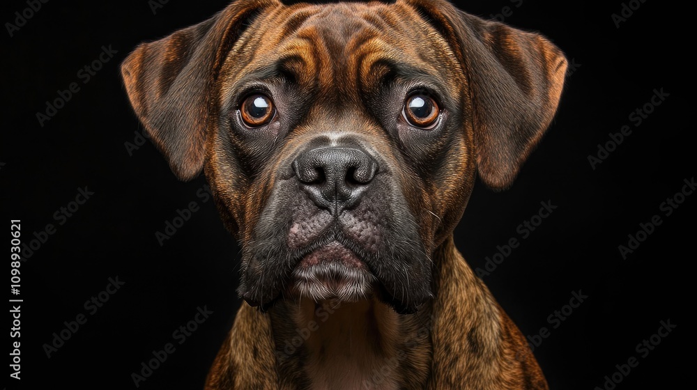 Obraz premium Brindle Boxer American Bulldog mix with expressive large eyes gazes seriously at the camera in a striking close-up against a black background.