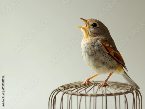 Small bird chirps joyfully in a cozy cage photo