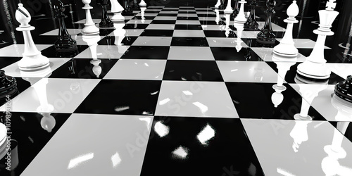 Black and White Chessboard Challenge: An abstract world where the familiar pattern of a black and white chessboard is distorted and reimagined, inviting players to explore new moves and strategies