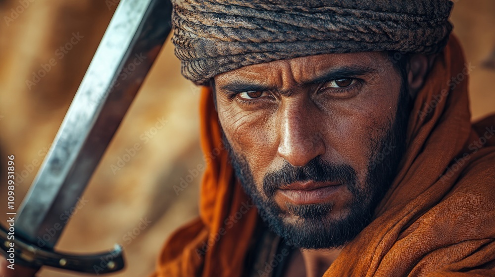 Obraz premium Close-Up Portrait of a Determined Desert Warrior with Sword Traditional Attire and Intense Expression