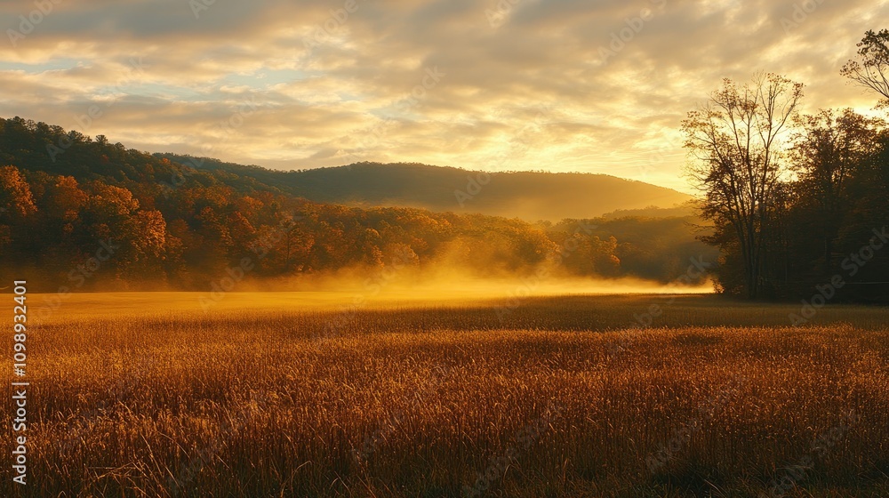 Obraz premium Golden Sunrise Casting Soft Light Over a Misty Field Surrounded by Lush Trees and Rolling Hills in a Serene Natural Setting