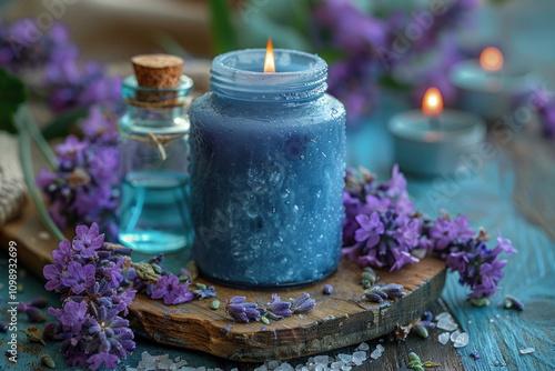 a composition consisting of a blue scented candle surrounded by lavender flowers and a small glass bottle with aromatic oil.  photo