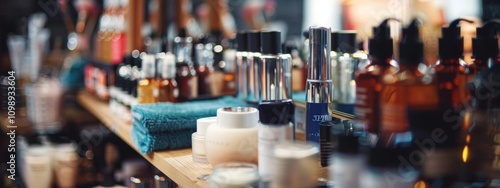 Assorted luxury beauty products on a wooden shelf with blurred background photo