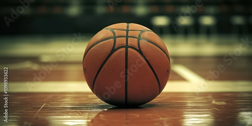 An artistic shot of a basketball lying on the court floor, emphasizing its significance in the game.