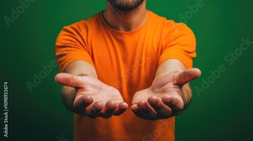 Wallpaper Mural Individual in an orange shirt with outstretched arms against a vibrant green background, expressing openness and welcome. Torontodigital.ca