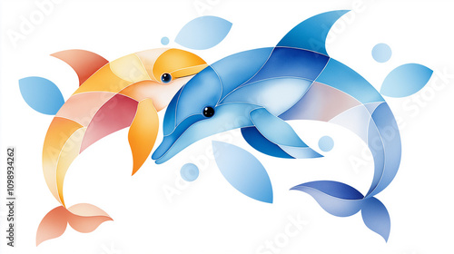 Playful dolphins, stained glass style, watercolor clipart in the center on plain solid white background, high resolution, 8k, high quality, clean appearance photo