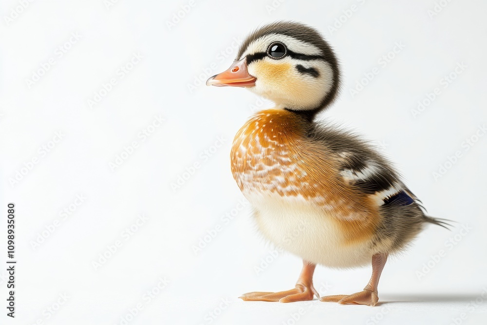 Obraz premium the beside view Mandarin Duckling standing, left side view, low angle, white copy space on right, Isolated on White Background
