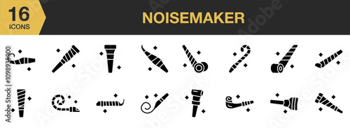 Noisemaker solid icon set. Includes whistle, carnival, festival, birthday, confetti, and More. Solid icons vector collection.