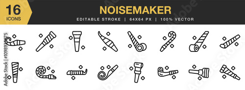 Noisemaker icon set. Editable Stroke Icon Collection. Includes party, noisemaker, celebration, holiday, horn, and More. Outline icons vector collection.