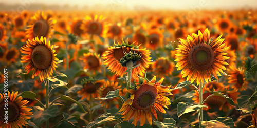 Yellow and Orange Sunflower Field: A field of tall, sun-kissed sunflowers stretching as far as the eye can see, bathed in warm yellow and orange hues. photo