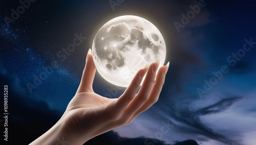 The moon is held in a human hand over a stunning backdrop. photo