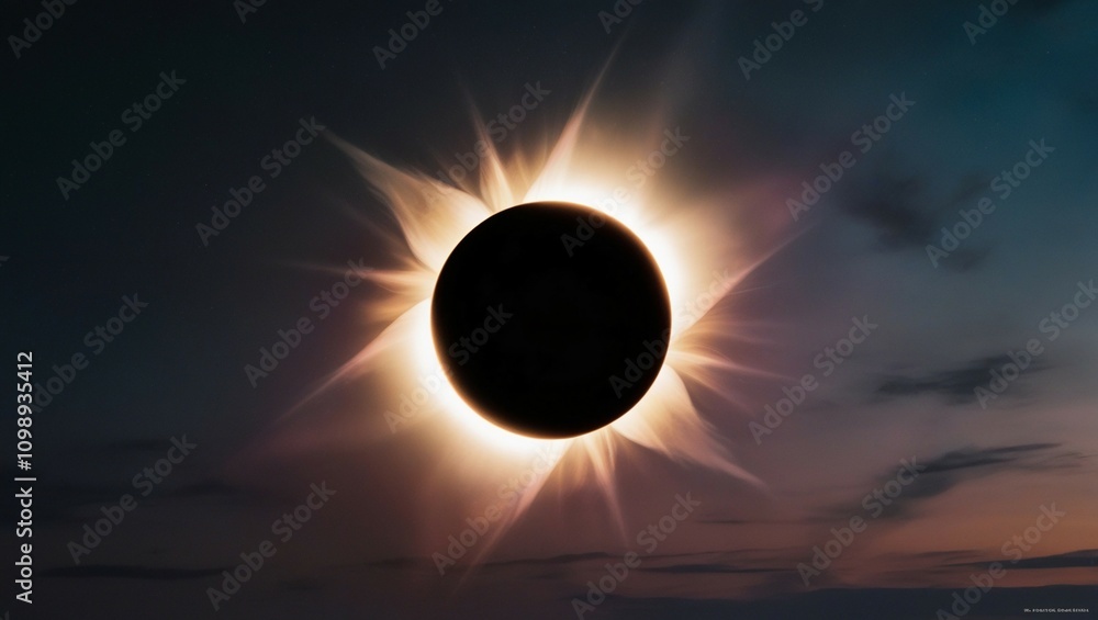 Naklejka premium Stunning Solar Eclipse View: Moon Completely Covers the Sun with a Radiant Halo Against a Dark Sky