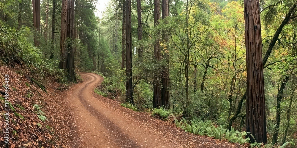 Fototapeta premium A winding forest trail surrounded by tall trees and vibrant foliage, inviting hikers to explore the area.