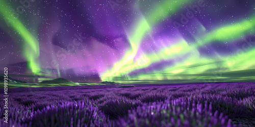 Lavender and Lime Aurora: A peaceful aurora is seen over a purple and green landscape, casting a mystical glow across the sky. photo