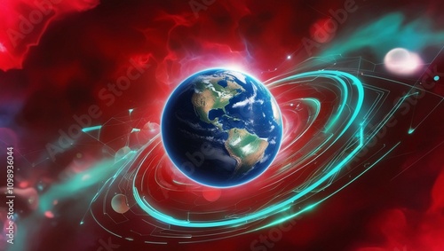 Futuristic Planet Map: Global Social Network with Floating Green Plexus Design, Vibrant Earth Background, and Advanced Technology Theme
 photo