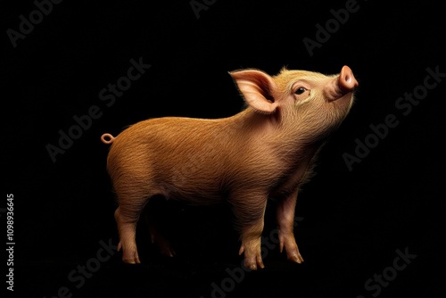 the beside view Tamworth piglet standing, left side view, low angle, white copy space on right, Isolated on black Background photo