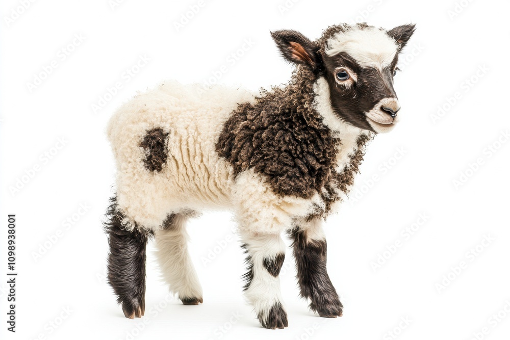 Fototapeta premium the beside view baby Jacob Sheep standing, left side view, low angle, white copy space on right, Isolated on White Background