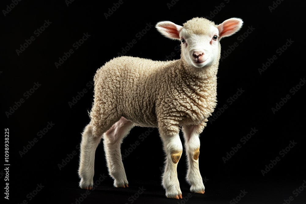 Fototapeta premium the beside view baby Merino Sheep standing, left side view, low angle, white copy space on right, Isolated on black Background