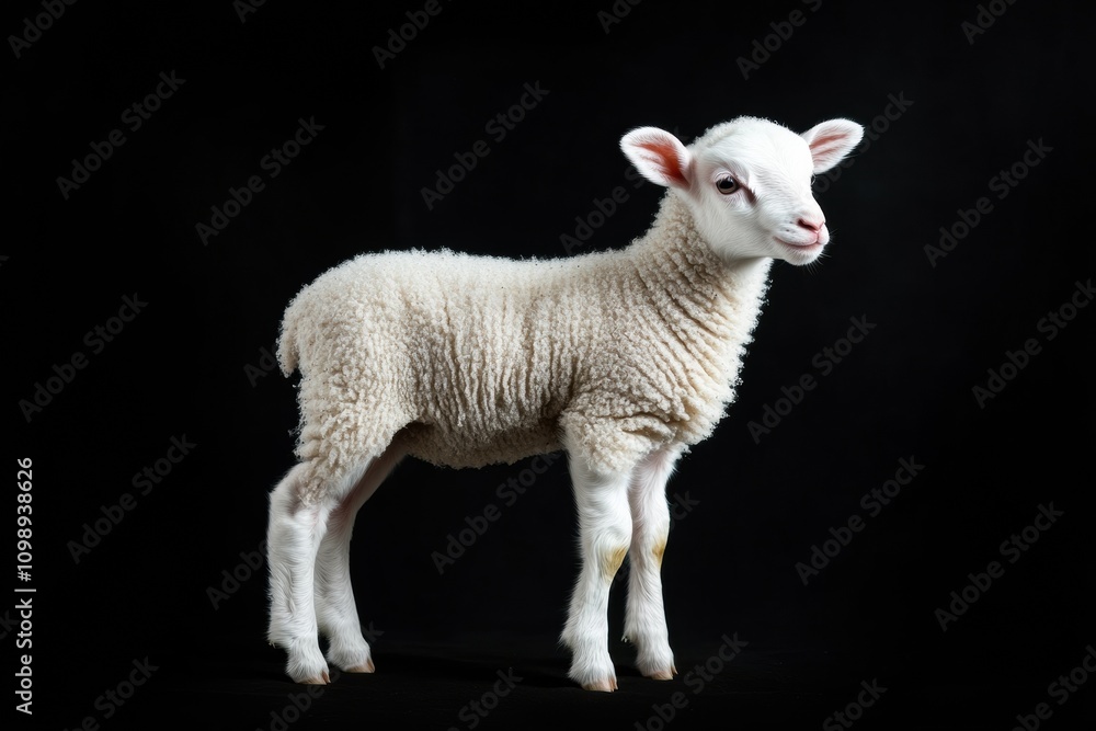 Fototapeta premium the beside view baby Merino Sheep standing, left side view, low angle, white copy space on right, Isolated on black Background