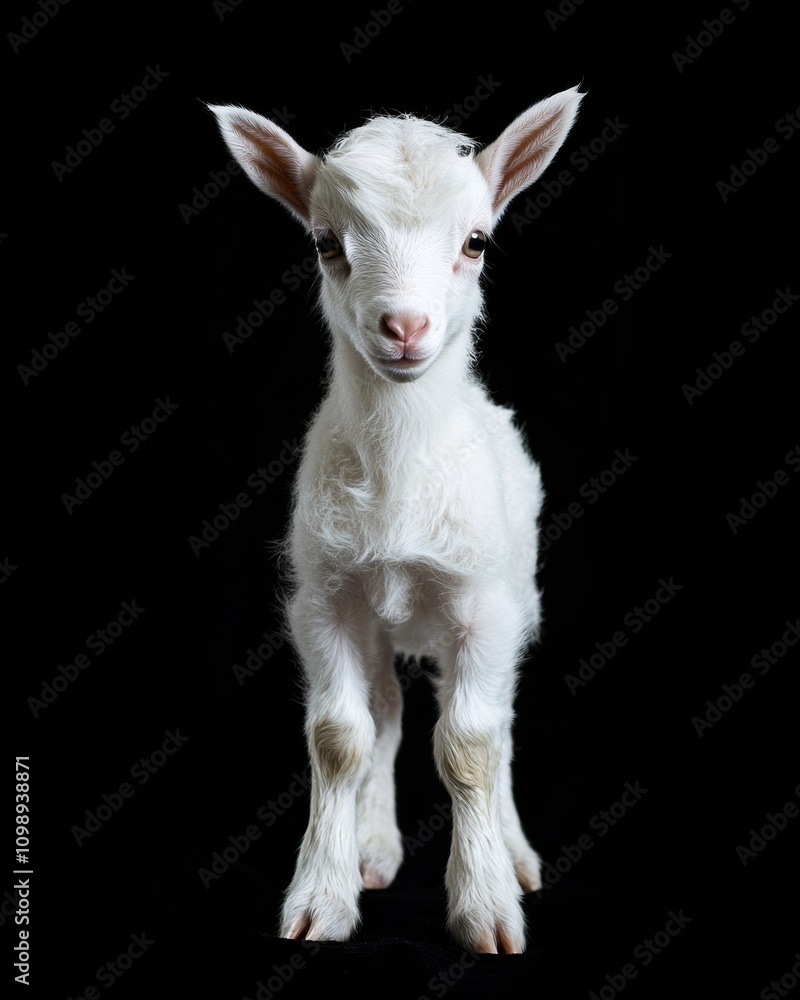 Fototapeta premium the baby Alpine goat front view, white copy space on right, Isolated on black Background