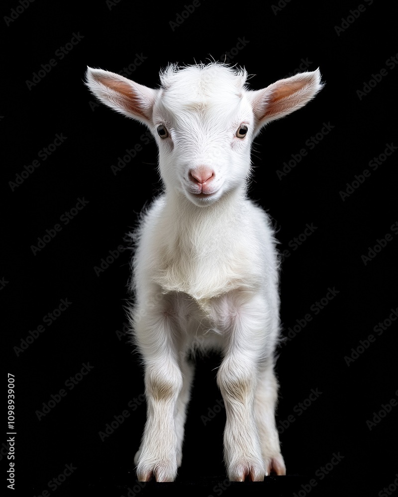 Fototapeta premium the baby Alpine goat front view, white copy space on right, Isolated on black Background