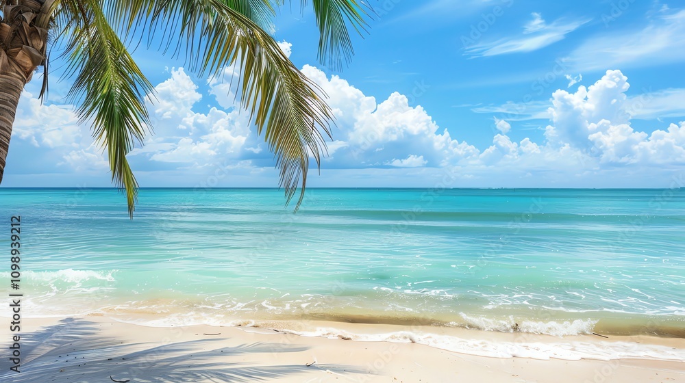 Fototapeta premium A tropical beach scene with palm trees, ocean, and a blue sky.