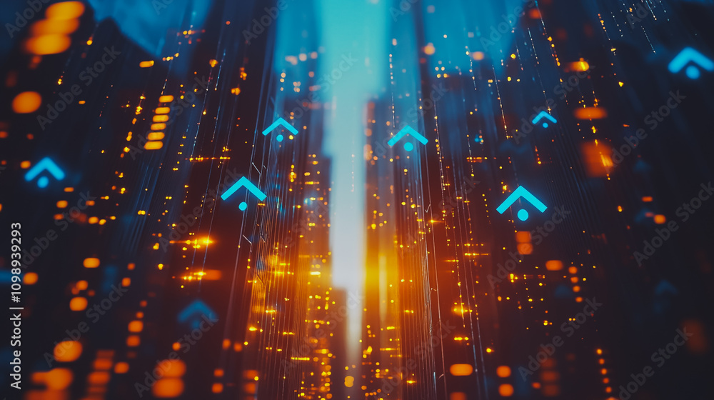 Obraz premium Smart digital Innovation city with connection network reciprocity over the sunset cityscape. of future wireless digital city and social media networking systems that connects people with in city